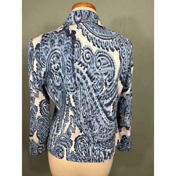 St. John Jacket Sport Women's Medium P Made in USA Cotton Blue Paisley Full Zip - Picture 2 of 13